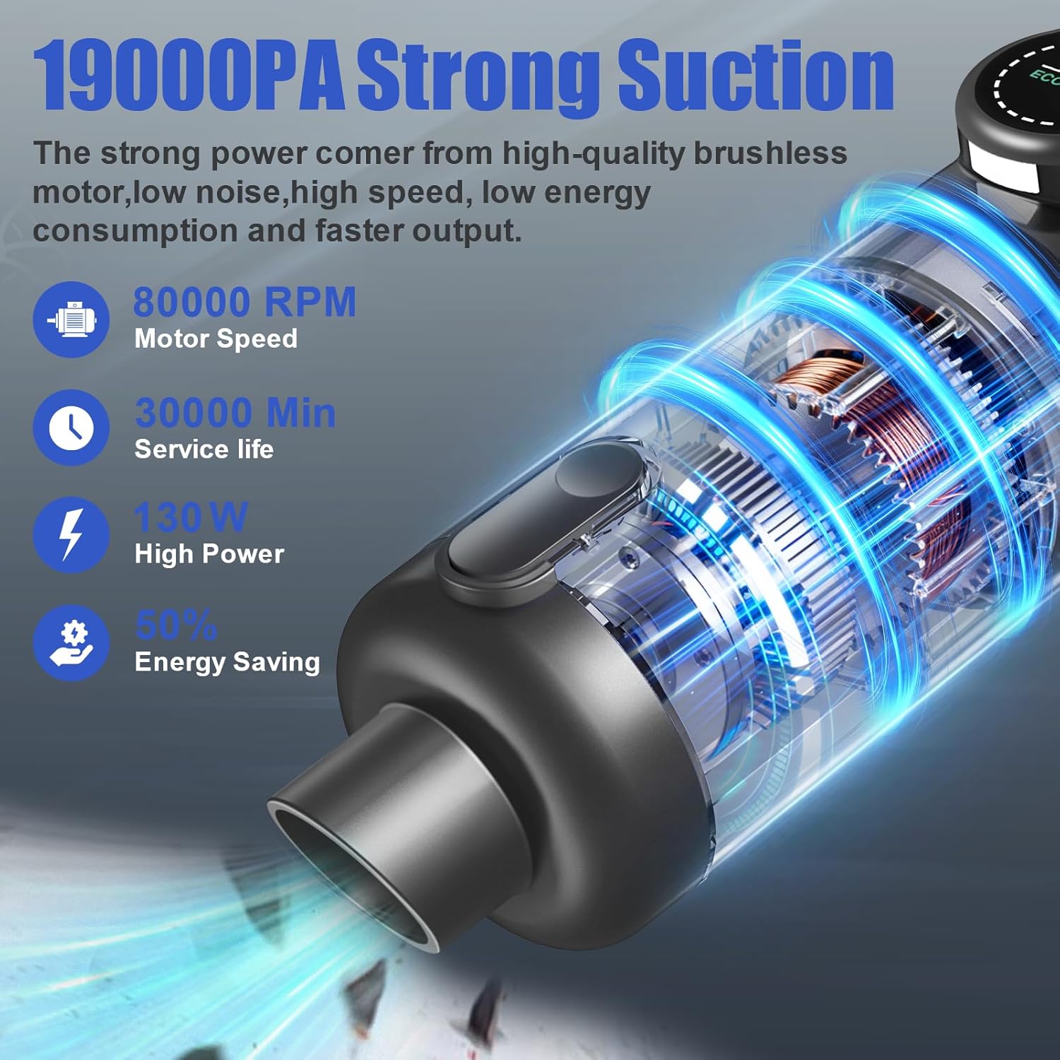 

Портативный автомобильный пылесос 19000 Па Беспроводной 4-в-1 Ручной со светодиодной подсветкой и несколькими насадками, Черный United States