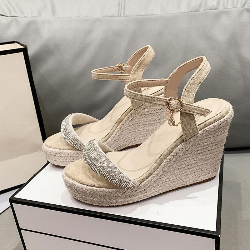 

Новая мода замша со стразами непромокаемая платформа на шпильке с пряжкой женская обувь на очень высоком каблуке сандалии для ночного клуба обувь из пеньковой веревки 40