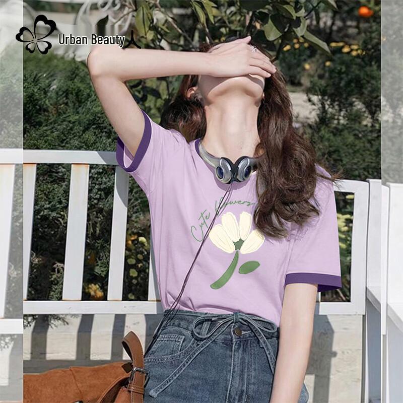 Dushi Liren 2026 Summer Pure Cotton Colorblock Women s T-shirt L