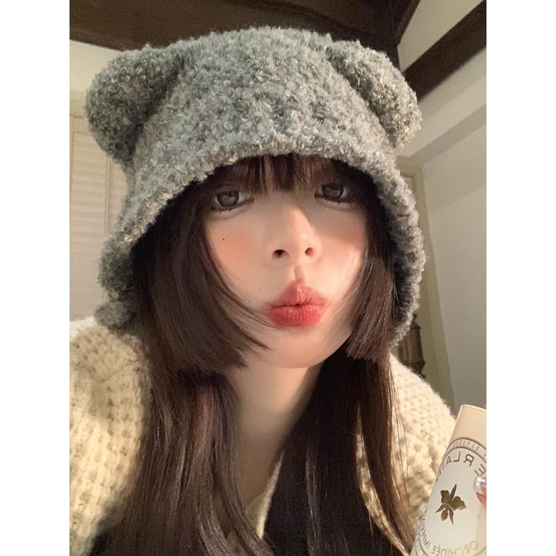 Cute bear hat female winter warm gray ear hat autumn and winter knitted wool hat big head circumference