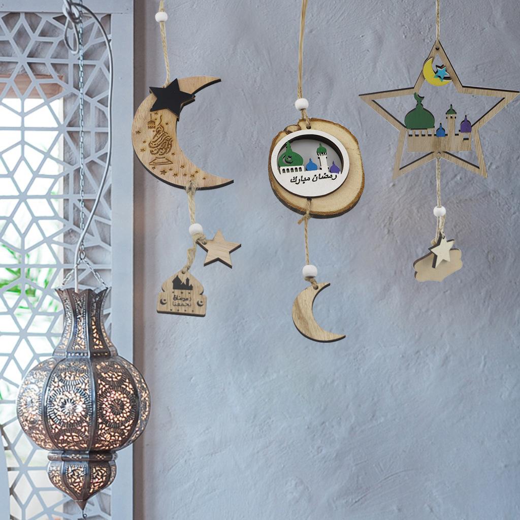 Holz Islamisches Fest von Eid Al-fitr Ramadan Eid Mubarak Original Ökologischer Gürtel Rinde Stern und Mond Kleiner Anhänger