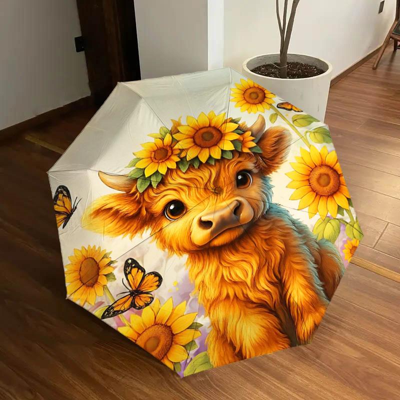 

Sunflower Cow with Butterfly - Automatic Opening Folding Umbrella, Portable Design, 8-Bone Iron Frame, Outdoor, Festival Gift for Fans, Trav