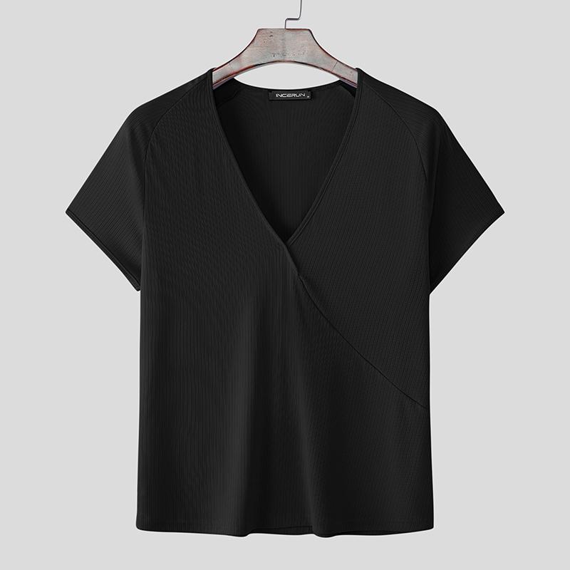 INCERUN Letné pánske tričká s krátkym rukávom a výstrihom do V, bežné priliehavé rebrované základné topy