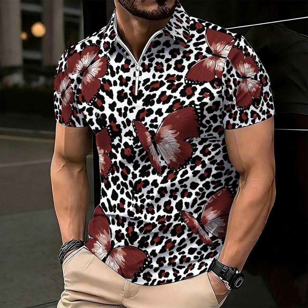 Women Short Sleeve Polo Shirt Black Neon Green Blue Purple Gradient Leopard Spot Half Zip Lapel Top