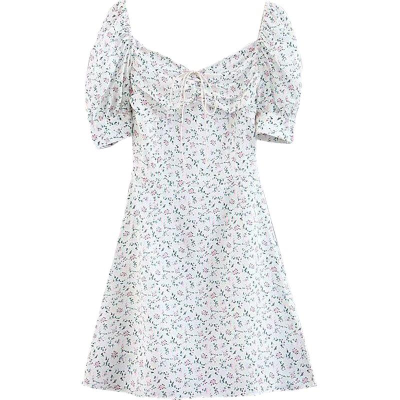 Women's Floral Puff Sleeve Lace-Up Short Dress - Spring/Summer Trendy Slimming Waist-Cinching Design