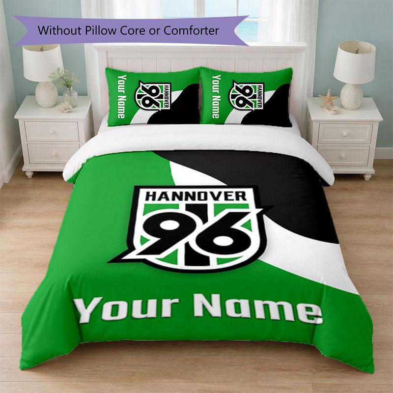 Set Biancheria da Letto Personalizzato Hannover 96 con Nome Testo 1 Copripiumino+2 Federe Logo Calcio Regalo Personalizzato per Occasione Speciale Decorazione Camera da Letto