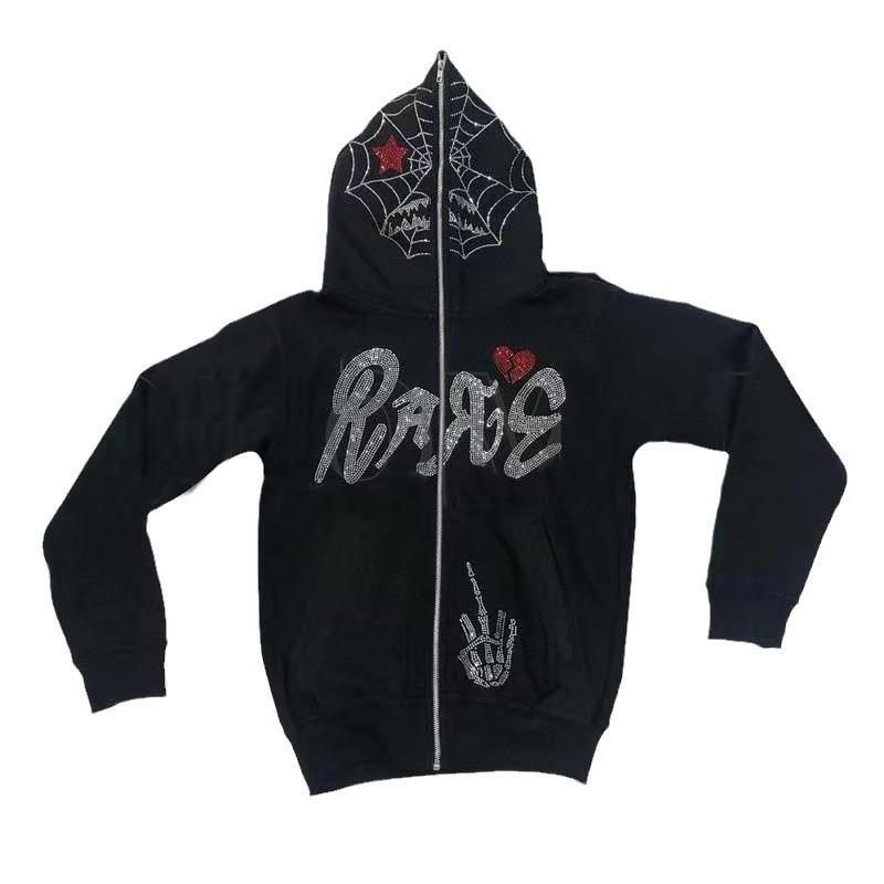 Spiderweb Letter Print Rhinestone Hooded Zip-Up Oversized Sweatshirt Women Streetwear Casual Long Sleeve