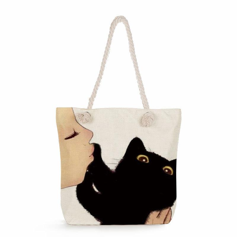 Multifunctional Cute cat Printed Thick Rope Shoulder Beach Bag 7584