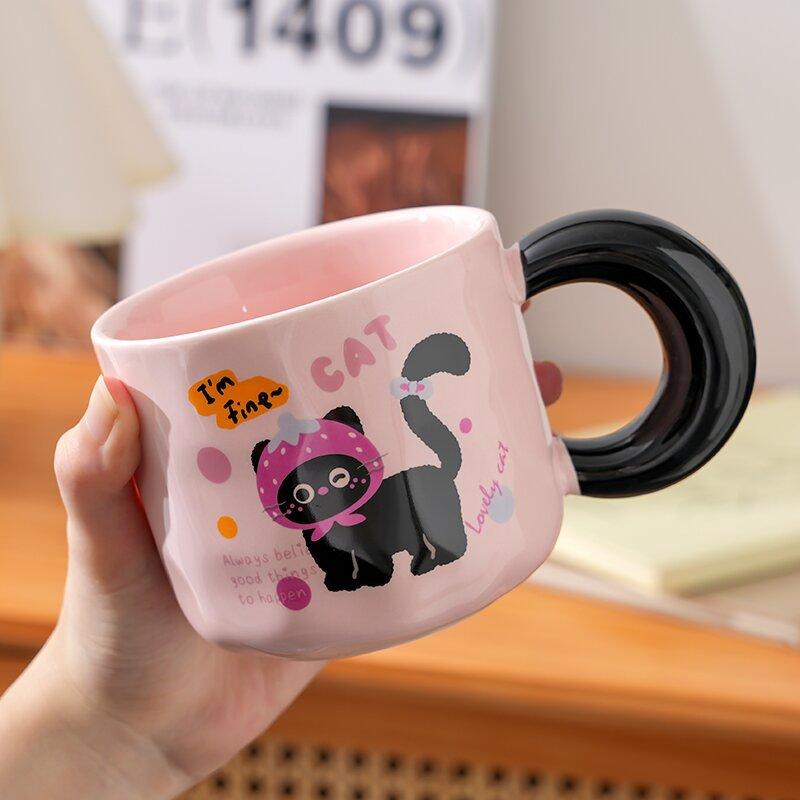 Girly Heart Kitten Mug Cute Milk Fufu Cartoon Household Water Cup with Cover for Birthday Gifts for Sisters and Friends