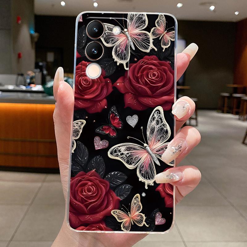 Phone Case For Vivo V29e V27e 5G Slim Soft TPU Cover Clear Silicone Aesthetic Luxury Fashion Butterfly Flowers New Design Case