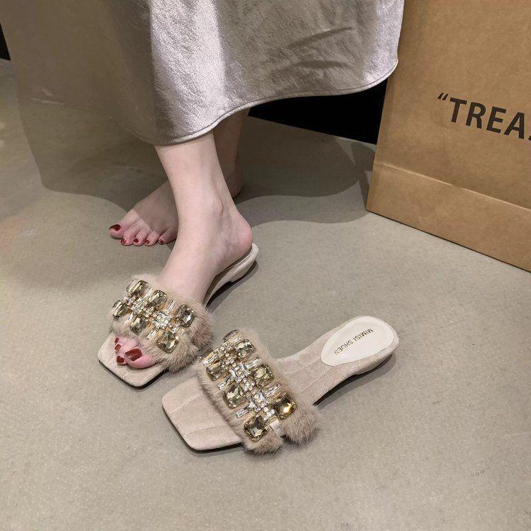 

Soft waxy and easy to wear! Milk tea apricot rhinestone cool slippers women s new temperament versatile open-toed fluffy shoes in summer 2025 40 абрикосовый