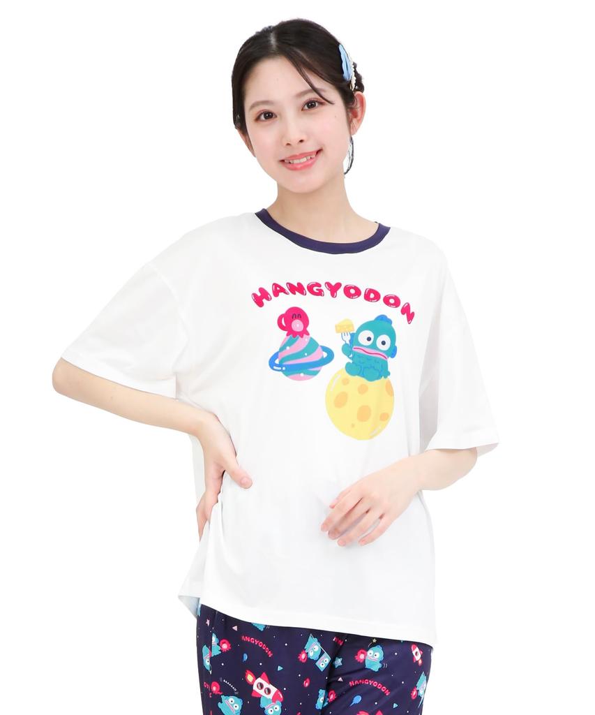 SAZAC Cosmic Hangyodon Pajama Powder Stretch Short Sleeve and Long Pants Loungewear x Set, Fabric, Women's Set, (White Navy/M/SAN1954)