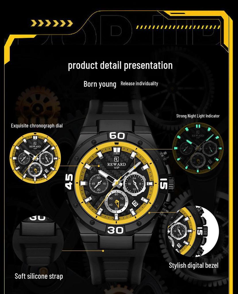Reward Fashion Multifunctional Quartz Sports Watch: Waterproof, Luminous, Silicone Strap, Three-Eye, Six-Hand Design for Men.