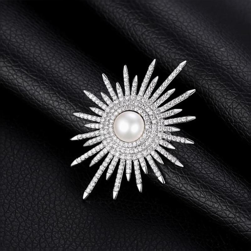Gold Tone Sunburst Brooch Sparkly Rhinestones Faux Pearl Center 1Pcs Fashion Lapel Pin for Women Daily Wear Jacket Sweater Accessory