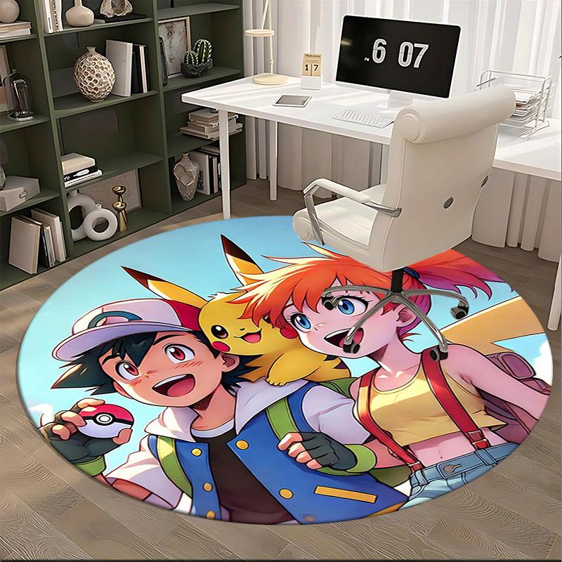 1 Stück Pokémon Pikachu & Trainer Runder Teppich - Anime Design Stuhlmatte, Bürogeschenk, Saisonale Dekoration, Geeignet für Zuhause, Wohnzimmer