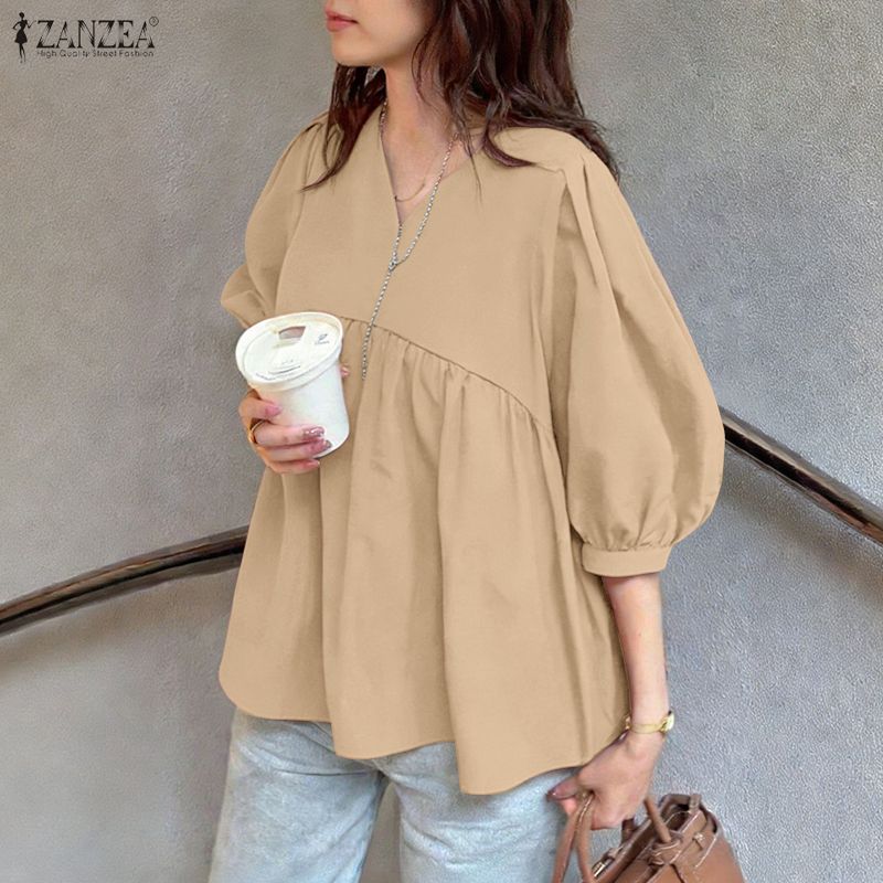 ZANZEA חולצת נשים קז'ואלית עם צווארון וי בצבע אחיד ושרוולי 3/4