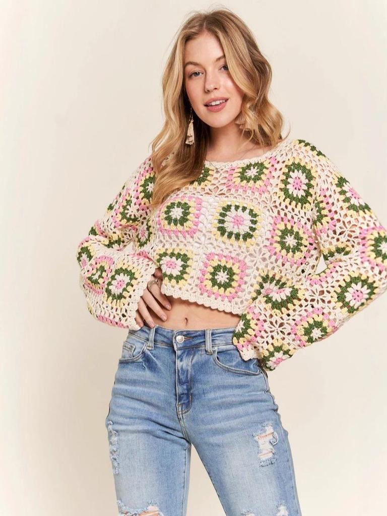 Handmade Crochet Rainbow Block Pullover: Forest Style Round Neck Long Sleeve Sweater