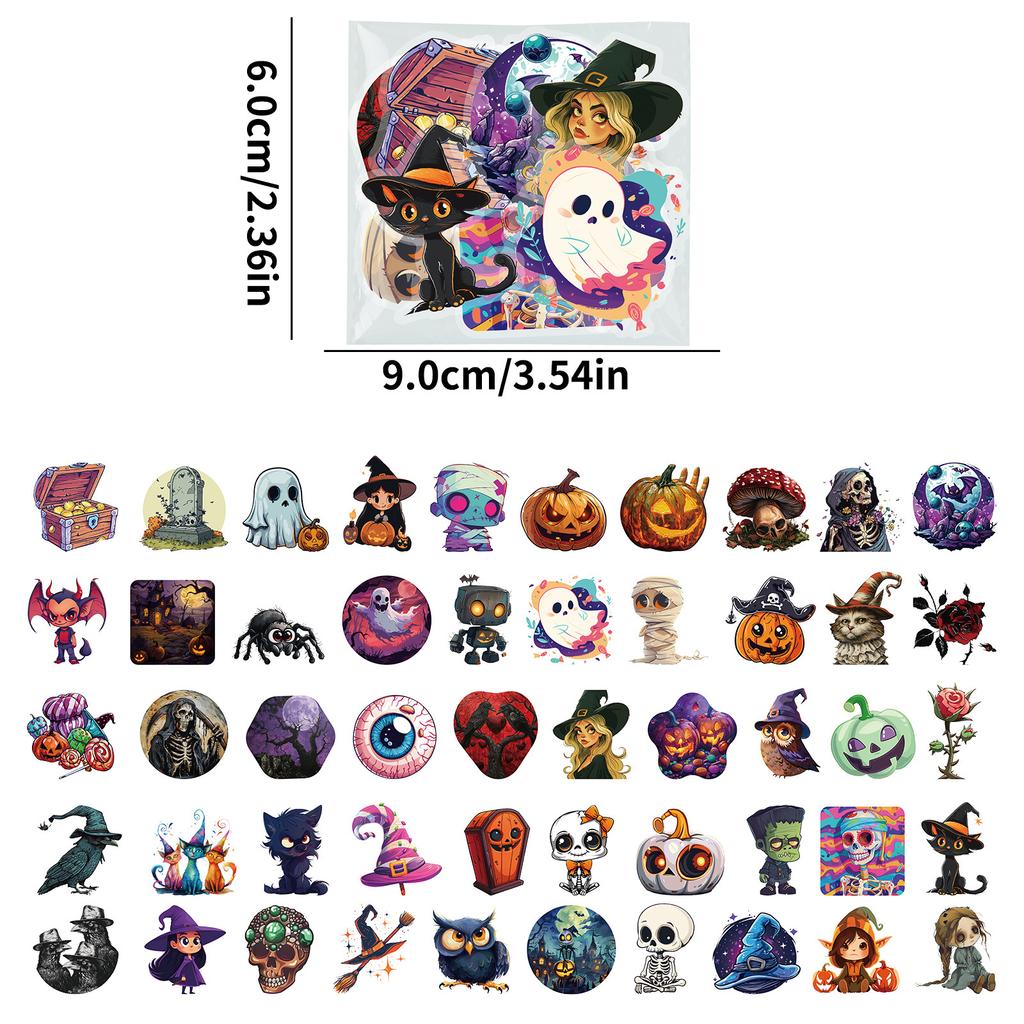50pcs PET Halloween stickers, featuring cartoon ghosts, black cats, waterproof witches designs for holiday parties gifts for kid