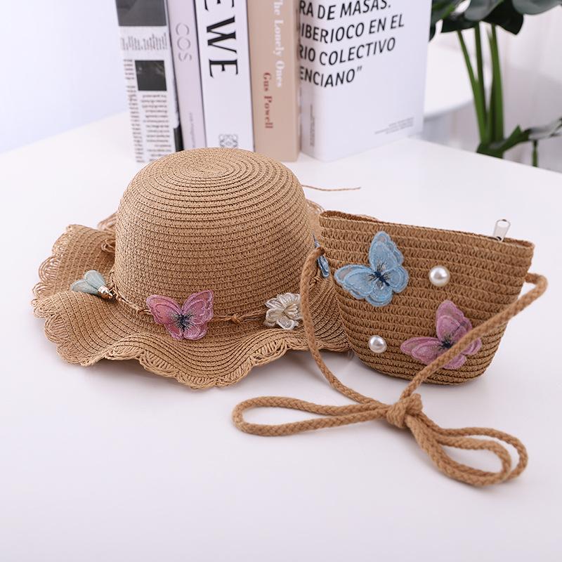 Summer Girl Princess 2pcs a Sets Sun Hat +bags Child Baby Casual Beach Butterfly Panama Caps for Holiday Party