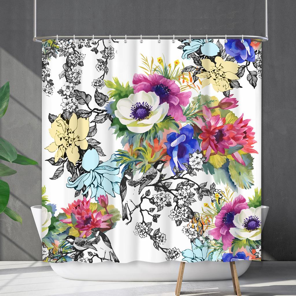 Shower Curtain Waterproof And Mildew-Proof 3D Digital Printing Plant Flower Plant Shower Curtain Bathroom Partition