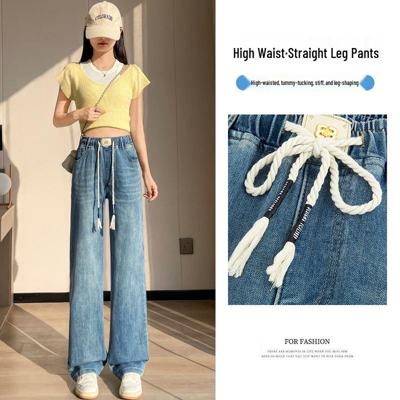 

2025 Spring/Summer Women s Retro Slimming Lace-Up Wide Leg Jeans with Elastic Waist 3XL (approx. 65-72.5 kg)