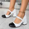 Fashion Color Block Block Heel Single Shoes Women's Fashion Round Toe Shallow Mouth Beaded One Slip Strap High Heels