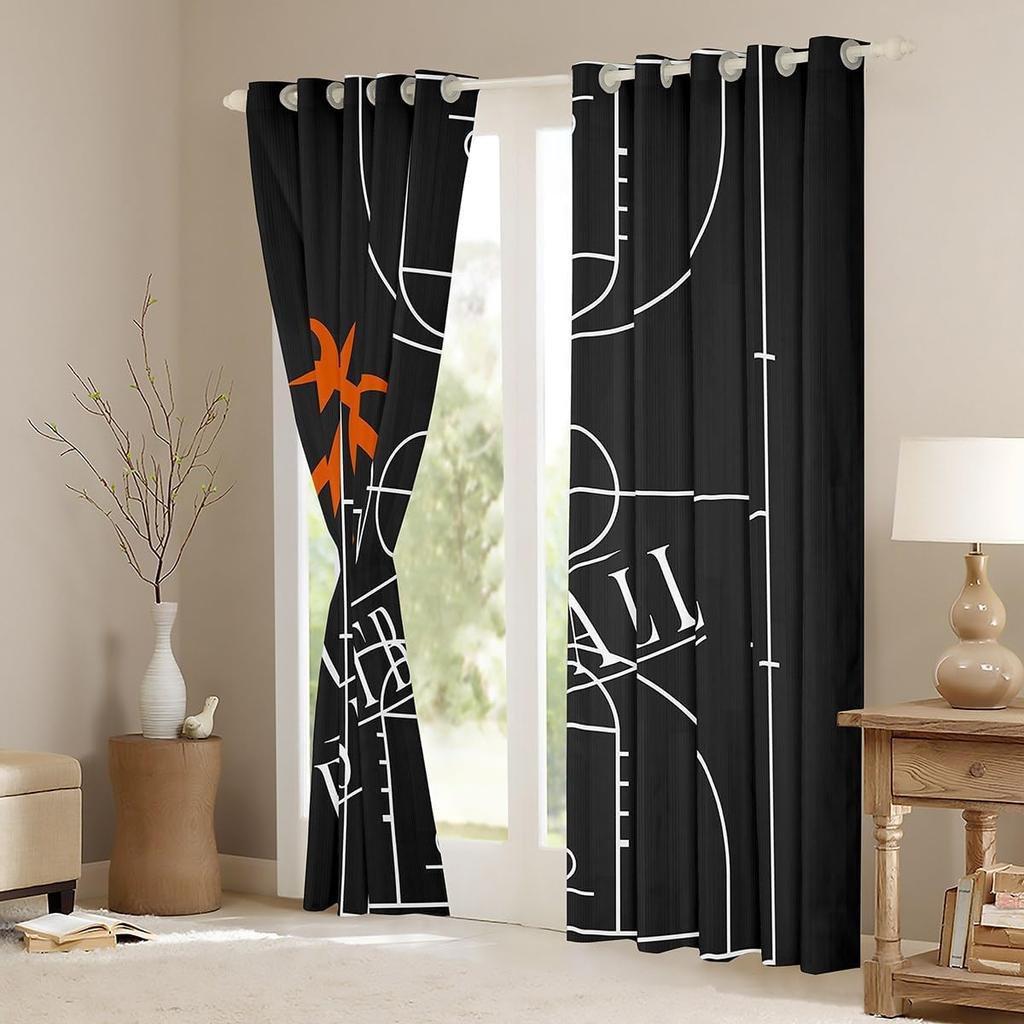 2pcs Erosebridal Basketball Thin Curtains for Boys Kids Sports Curtains, Basketball Court Curtains & Drapes Brown Semi-Blackout