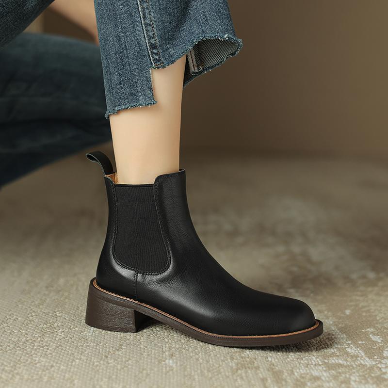 Krazing Pot Cow Skin Autumn Winter Shoes Concise Thick Heels Size 43 Size 42 Chelsea Boots Round Toe Slip on Retro Ankle Boots