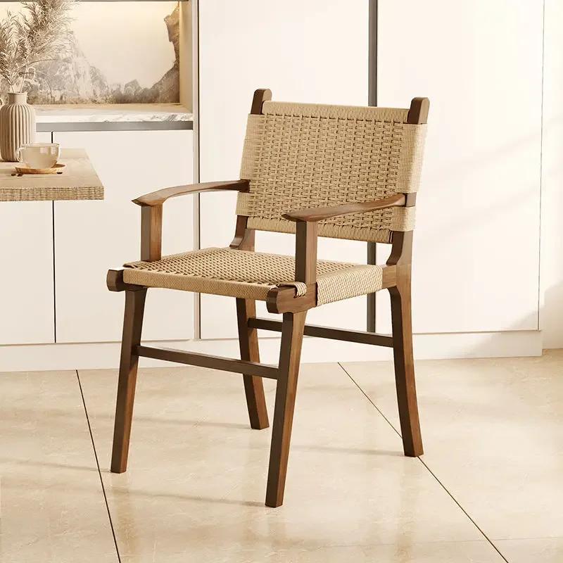 Nordic Wooden Rattan Lightweight Luxury Balcony Chair Rope-Woven Lazy Recliner Stylish Saddle Backrest Seat