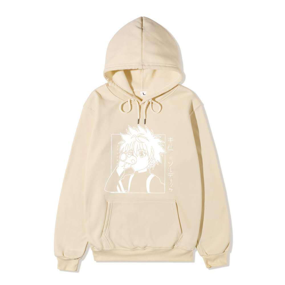 Hunter X Hunter Killua Drink Line Art Hoodie Japanese Text Black Anime Casual Hooded Pullover Sweatshirt