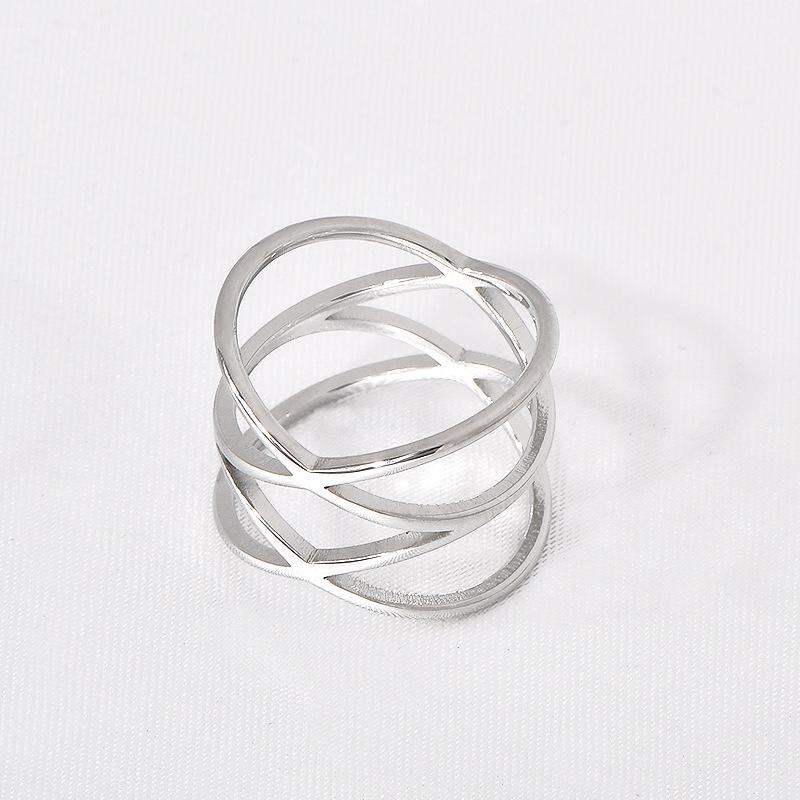 Stainless Steel Women's Double Crossover Ring Band with Cutout Design