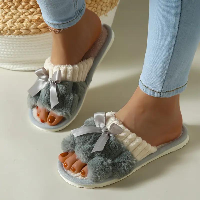 Autumn and Winter Soft Comfortable Bow Pattern Plush Velvet Casual Slip-On Slippers with Non-Slip Sole, Women's Home Shoes