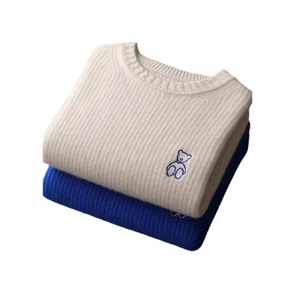Men's 100% Wool Round Neck Sweater - Thickened, Fashionable, Casual Loose Fit for Teens, Solid Color Knitted Design.