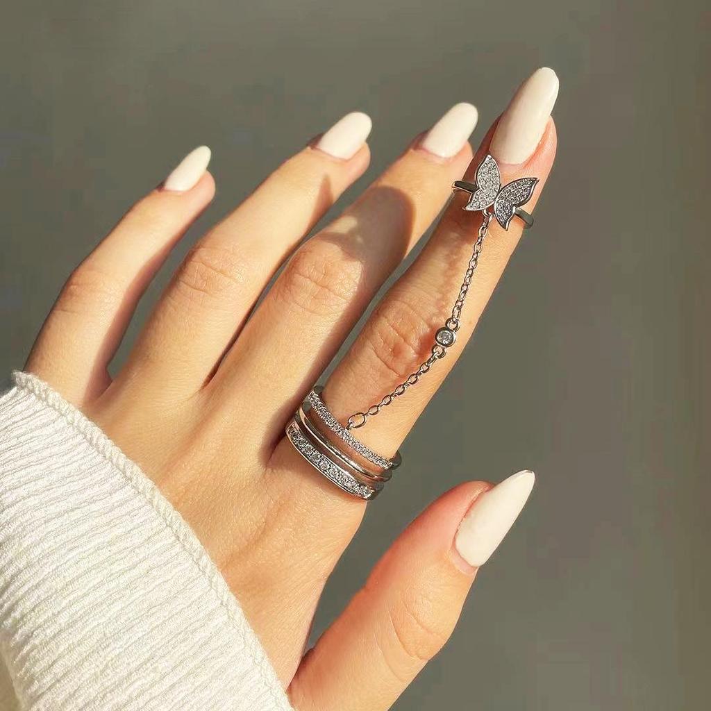Elegant Geometric Butterfly Ring with Zircon Inlay - Adjustable Double-Layer Design for Women
