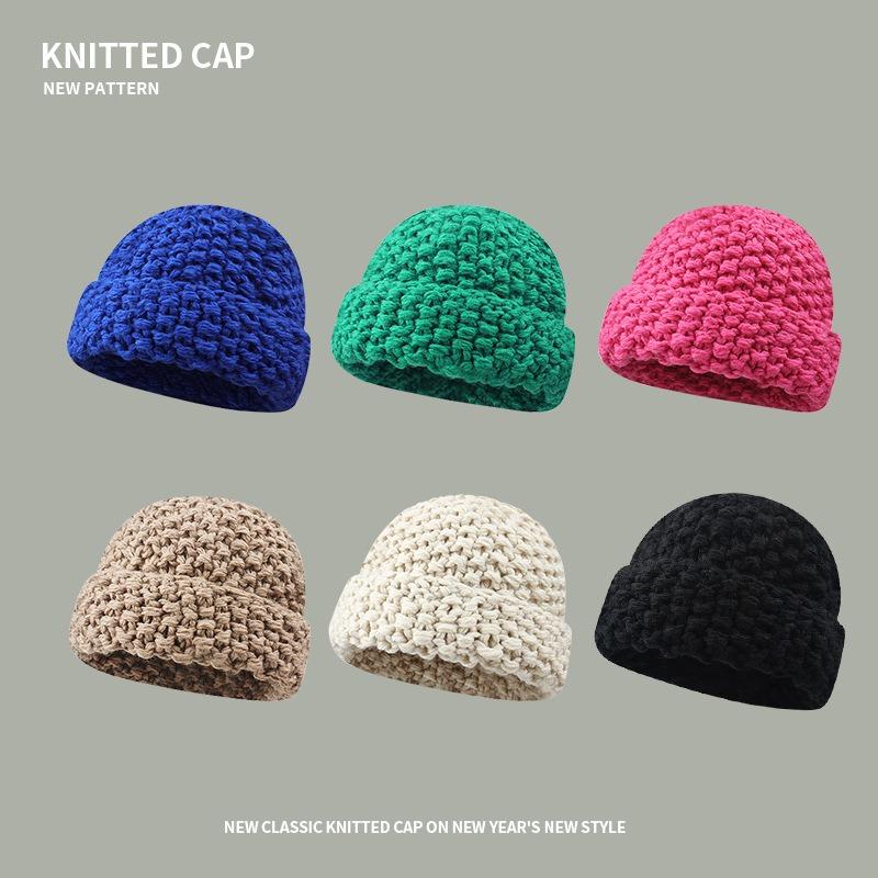 Coarse knitted pineapple pattern wool hat, plain and versatile in autumn and winter, big head and small face, warm ear protection wool hat