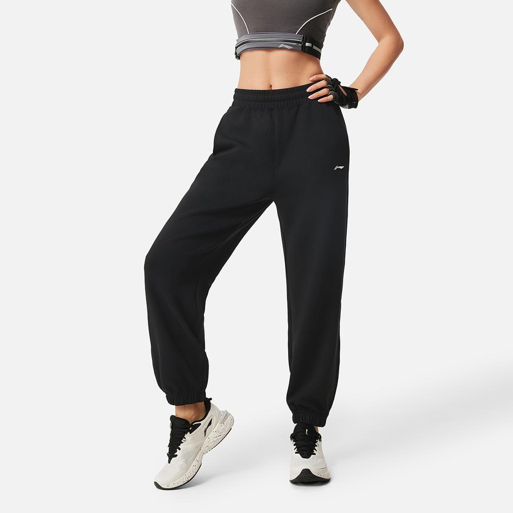 Li-Ning Comfortable Casual Simple High-Waisted Loose Fit Knit Sports Pants Women Bottoms Black AKLV182-1