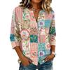 Women's Vintage Floral Print Patchwork Henley Collar Button Down 3/4 Sleeve Cotton Linen Shirt Casual Loose Fit Blouse