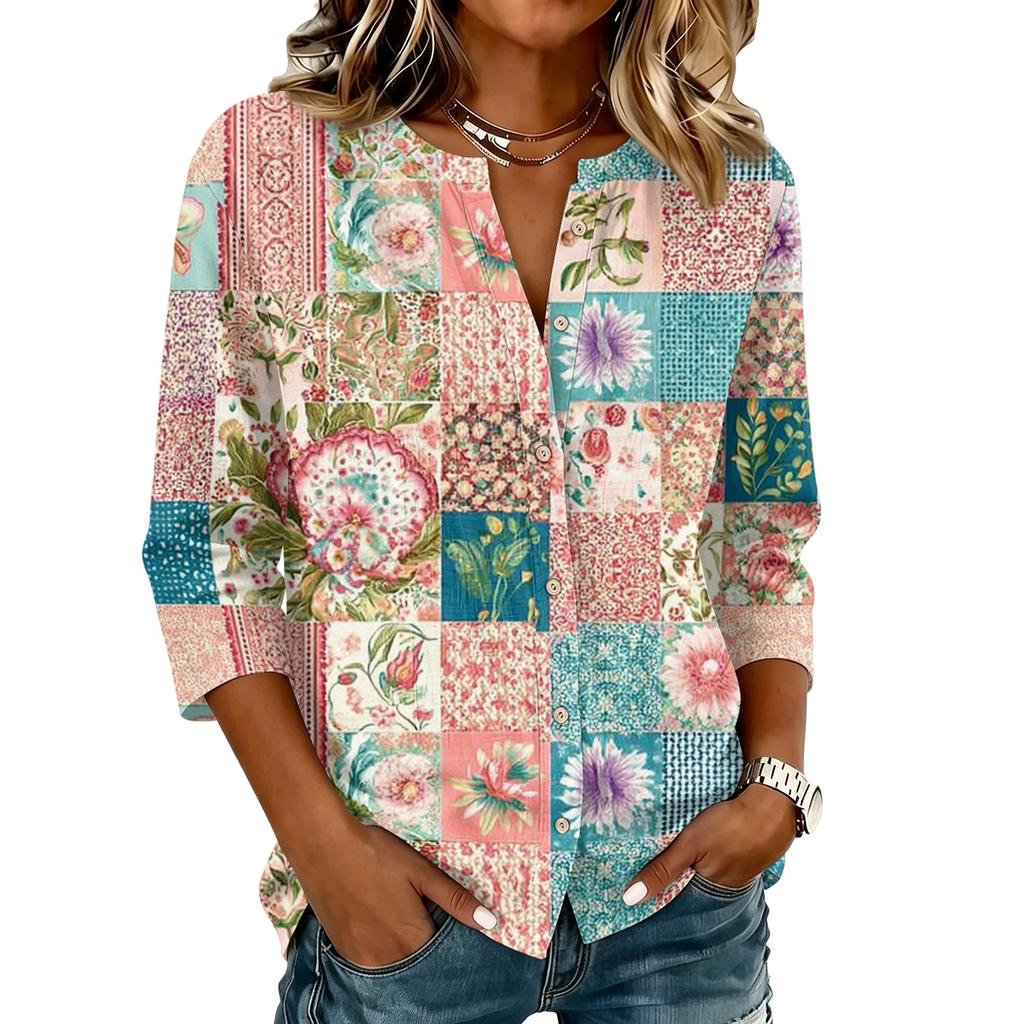 Women's Vintage Floral Print Patchwork Henley Collar Button Down 3/4 Sleeve Cotton Linen Shirt Casual Loose Fit Blouse