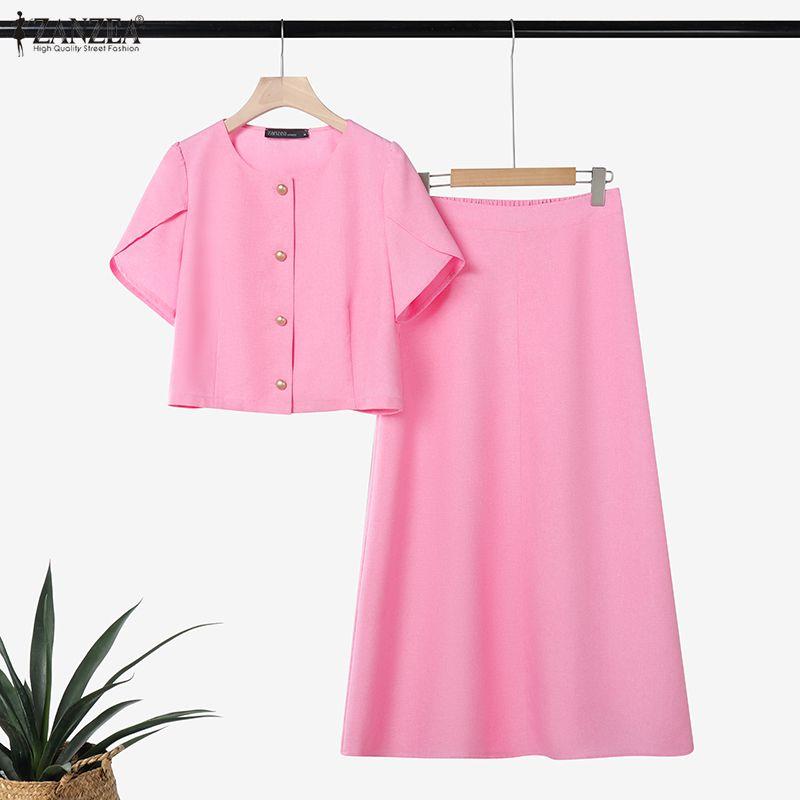 ZANZEA Women Short Sleeve Blouse and Long Skirt Casual Two Piece Sets
