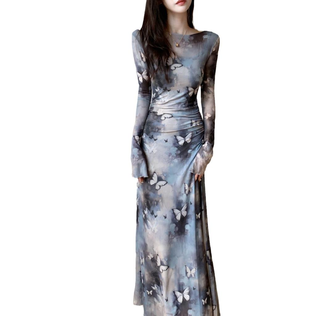 Cool Ink Butterfly Printing Long-sleeved Dress Women's New Spring Temperament Slim Mesh Medium and Long Dress