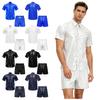 Mens Waterproof Tracksuit Short Sleeve Front Button Lapel T Shirt Elastic Waist Built-in Briefs Boxer Shorts