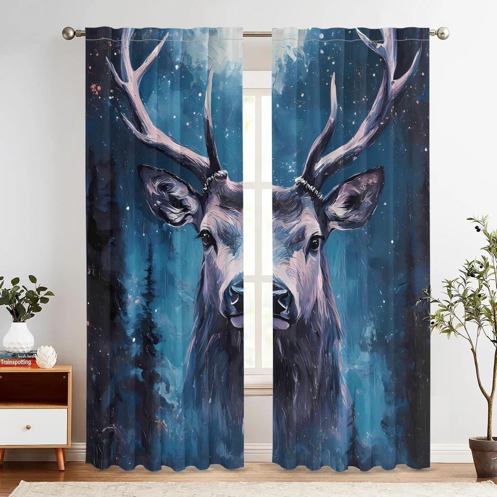 Deer Curtain - Elegant Deer Heads Window Drapes in Blue & Purple   Light Blocking Living Room Curtains with Grommets   Machine