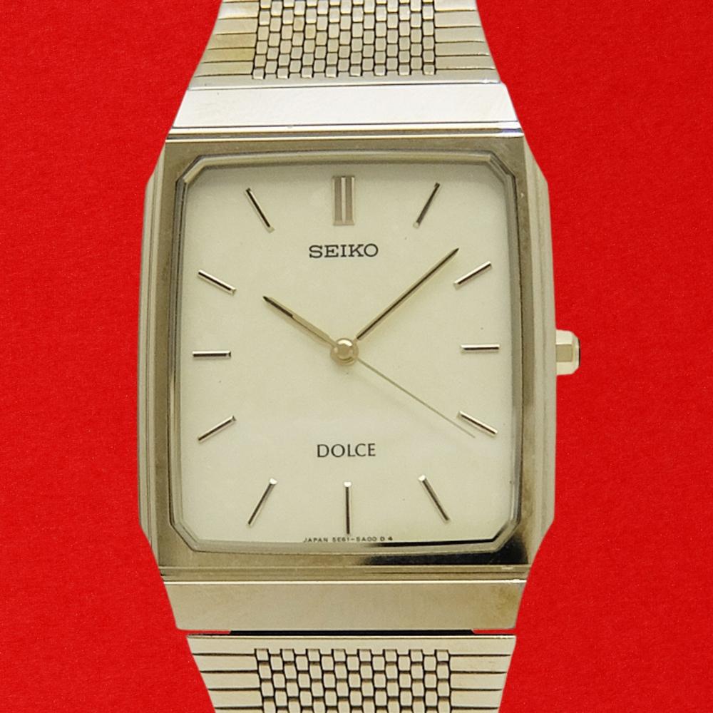 SEIKO DOLCE 5E61-5A00 Tungsten Carbide / Stainless Steel Square Snow-Pattern Dial Mesh Bracelet Ultra-Thin Quartz Used