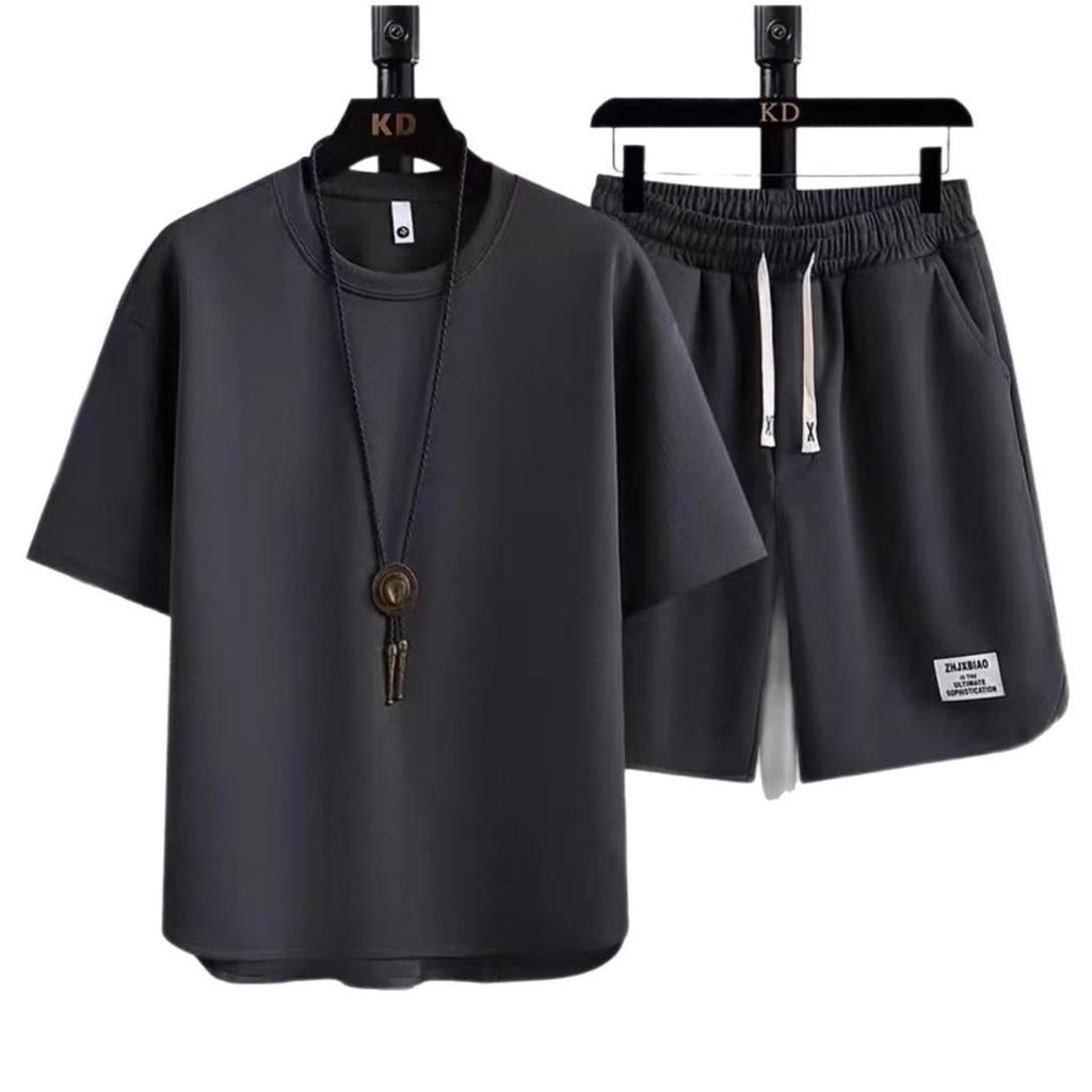 2025 Summer Japanese Trend Men's Solid Color Matching T-shirt & Long Pants Set