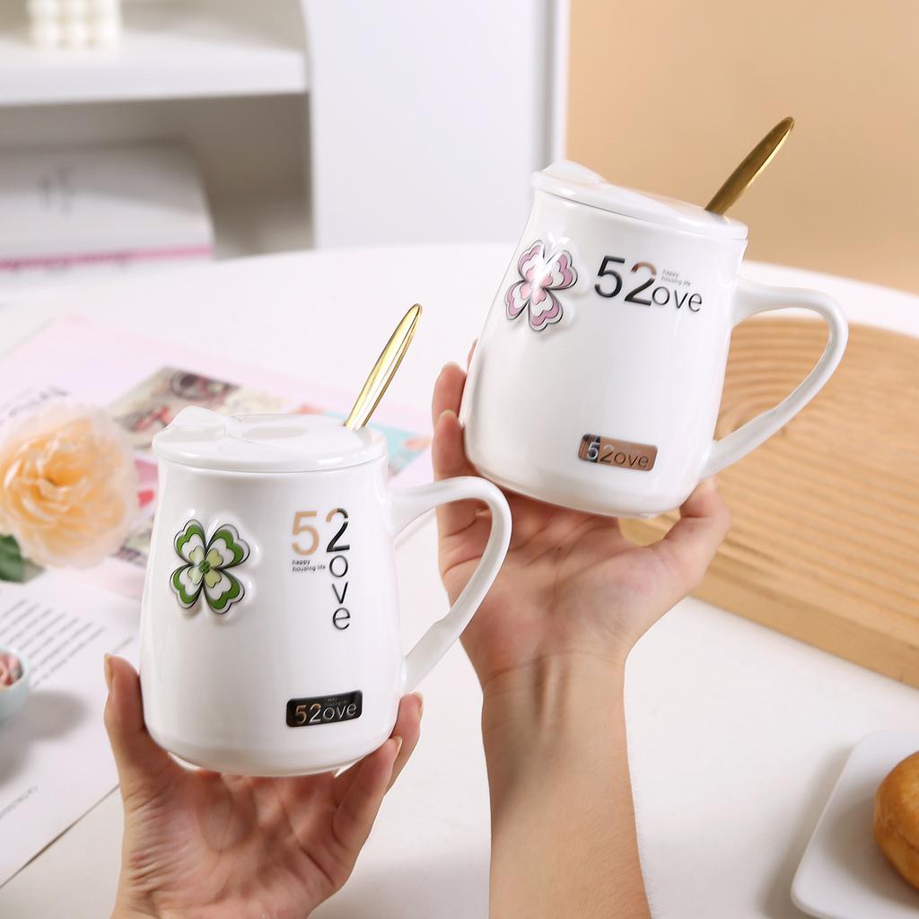 Paartasse Keramiktasse mit großem Fassungsvermögen mit Deckel und Löffel