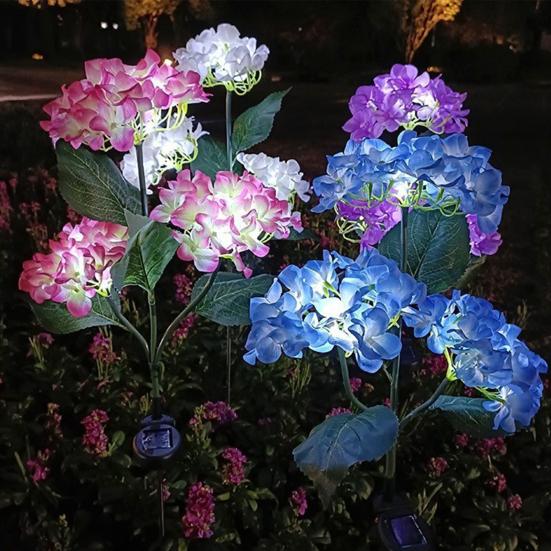 3-Head Solar Hydrangea Flower Garden Light with Colorful LEDs Waterproof Outdoor Stake Lamp
