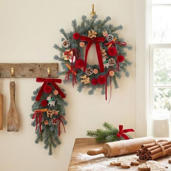 Handmade Wreath for Balcony Christmas Artificial Garland with Pinecones Cinnamon And Red Bows, Decorative Hanging Front Door Pendants Winter