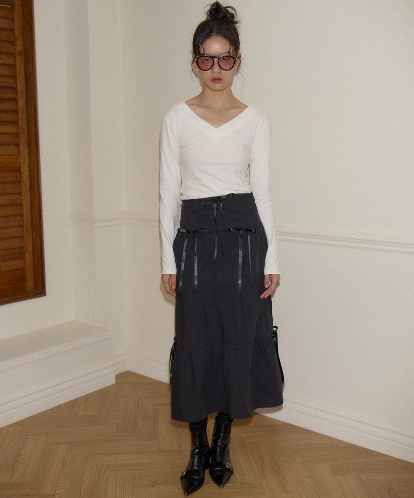 Salon De Yon Romantic Ribbon Long Skirt_ Black