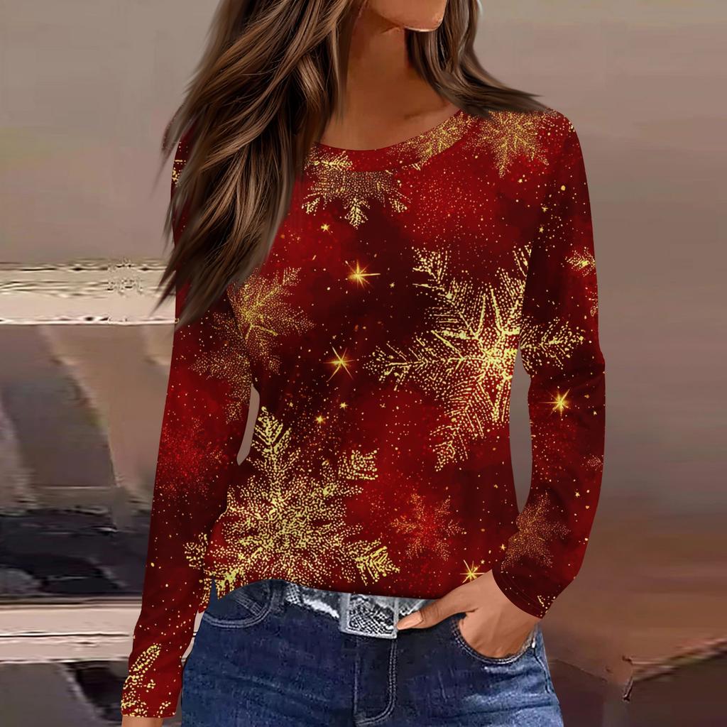Women's Fashion Casual Slit Hem Round Neck Long Sleeve Loose Christmas Printed T-Shirt Ladies Top