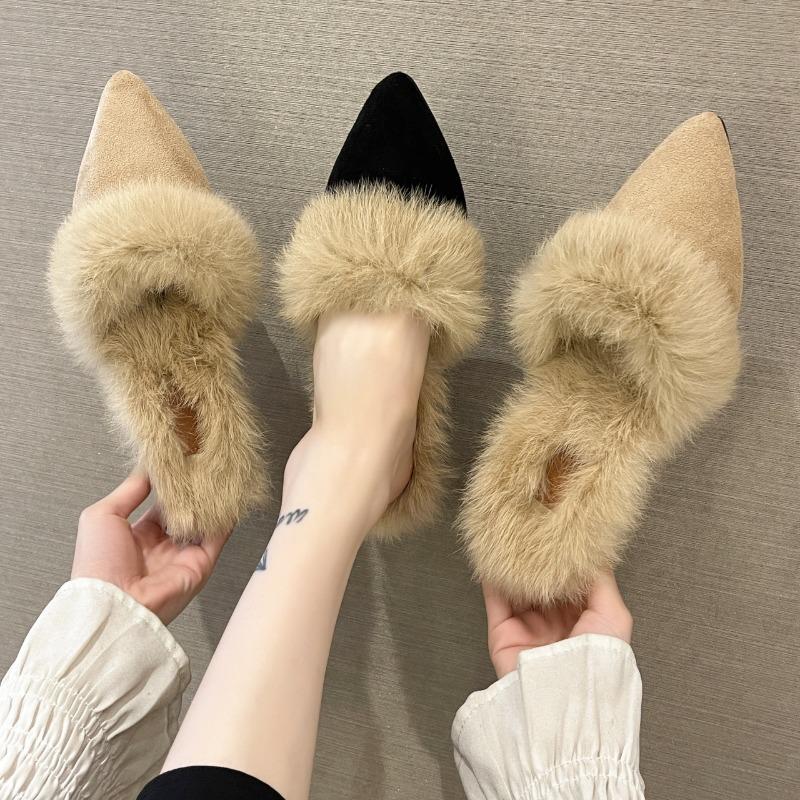 Winter Warm Faux Fur Mules Slippers Women Pointed Toe Slip-On Thin Heels Flip-flops Woman Short Plush Lined Closed Toe Slides